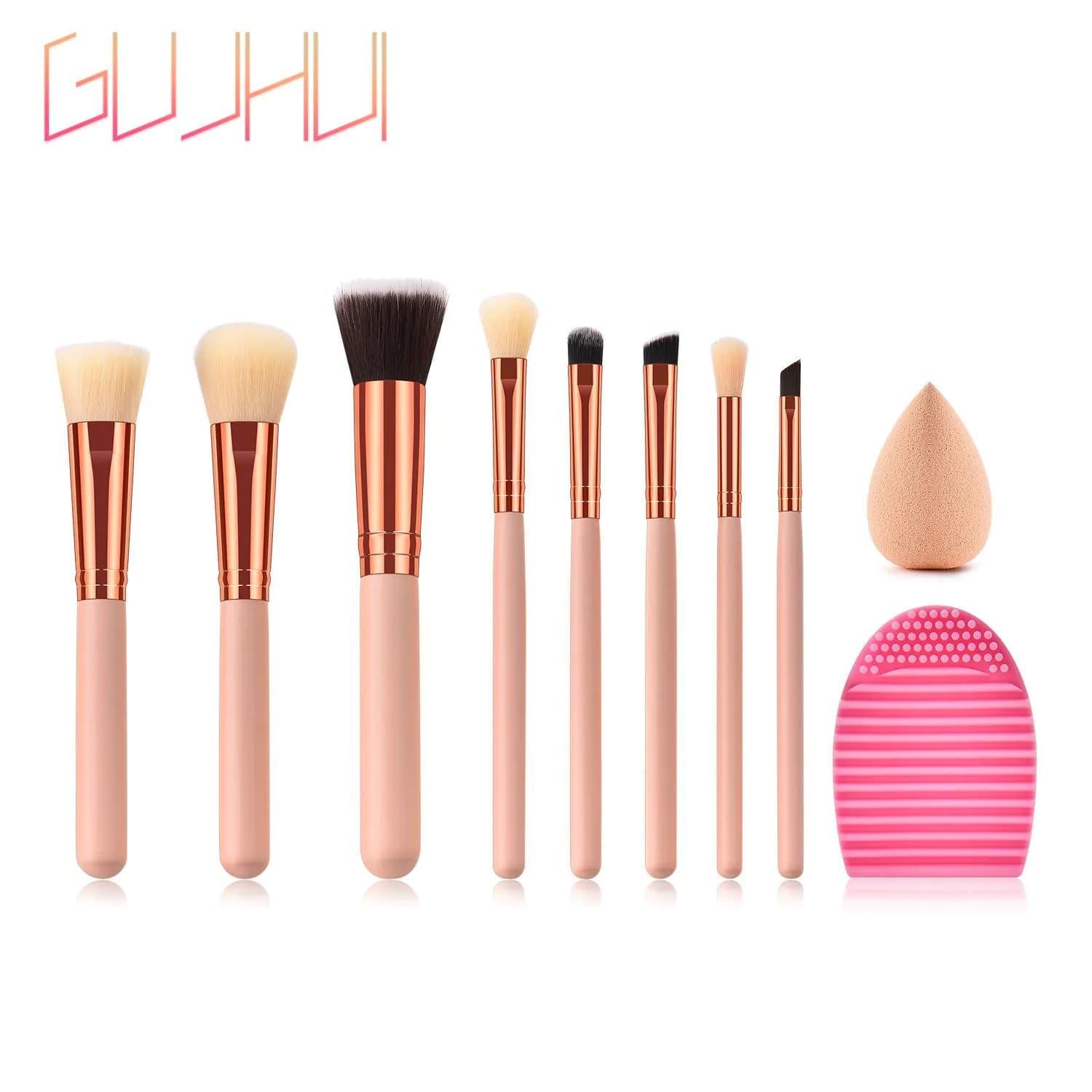 image-GUJHUI 8-Piece Makeup Brush Set with Water Drop Puff & Scrub Egg