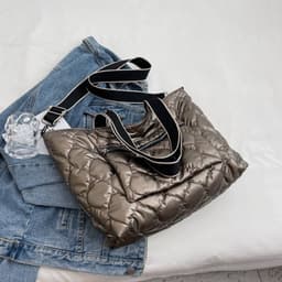 image-Cotton Tote Bag Large Capacity Shoulder Crossbody Grey Zipper