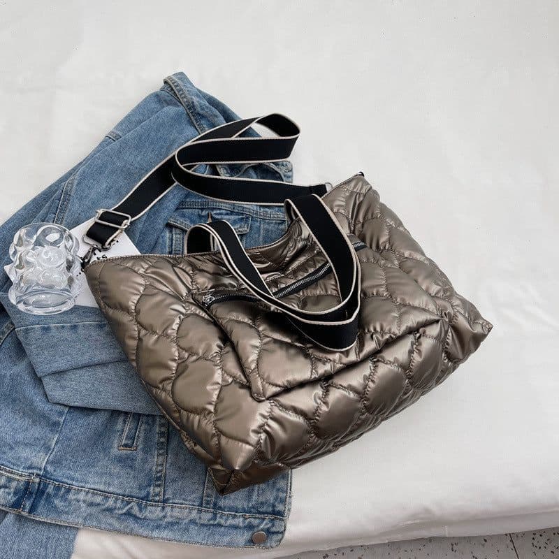 image-Cotton Tote Bag Large Capacity Shoulder Crossbody Grey Zipper