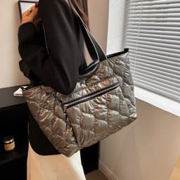 image-Cotton Tote Bag Large Capacity Shoulder Crossbody Grey Zipper