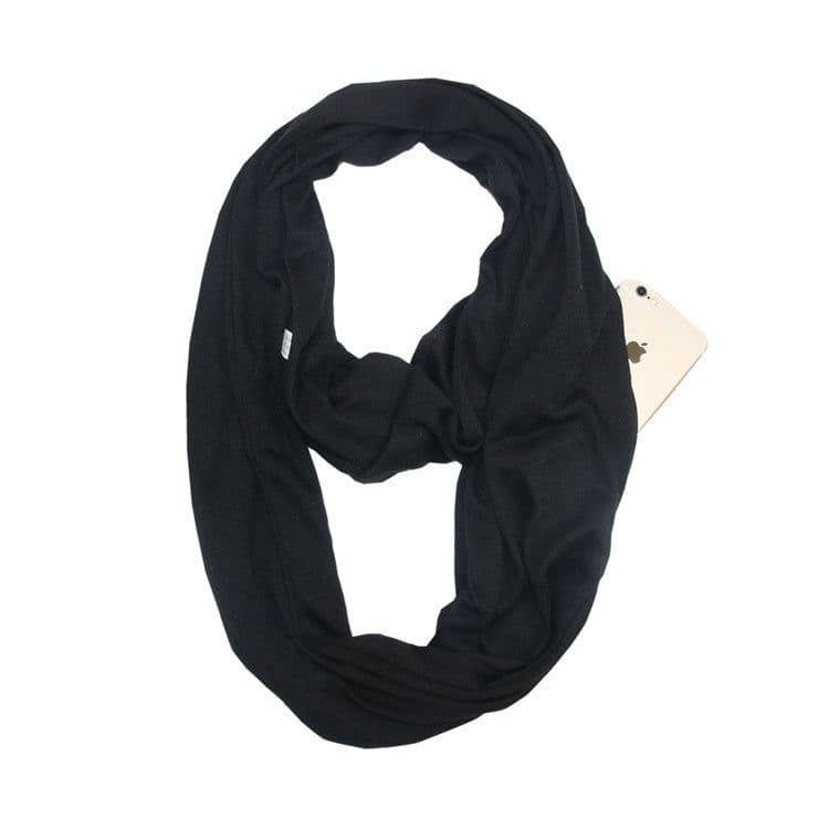image-Women's Solid Color Print Scarf with Zipper Pocket Bib 25x135cm