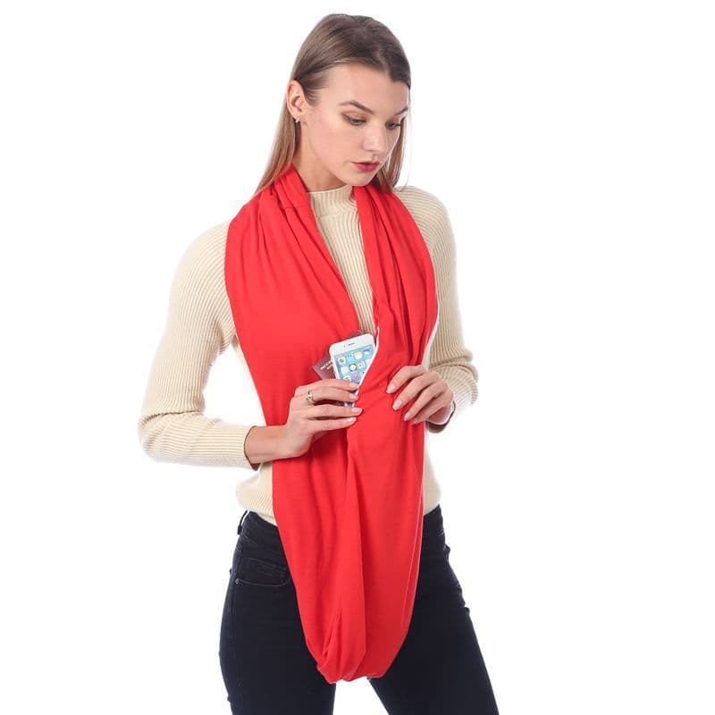 image-Women's Solid Color Print Scarf with Zipper Pocket Bib 25x135cm