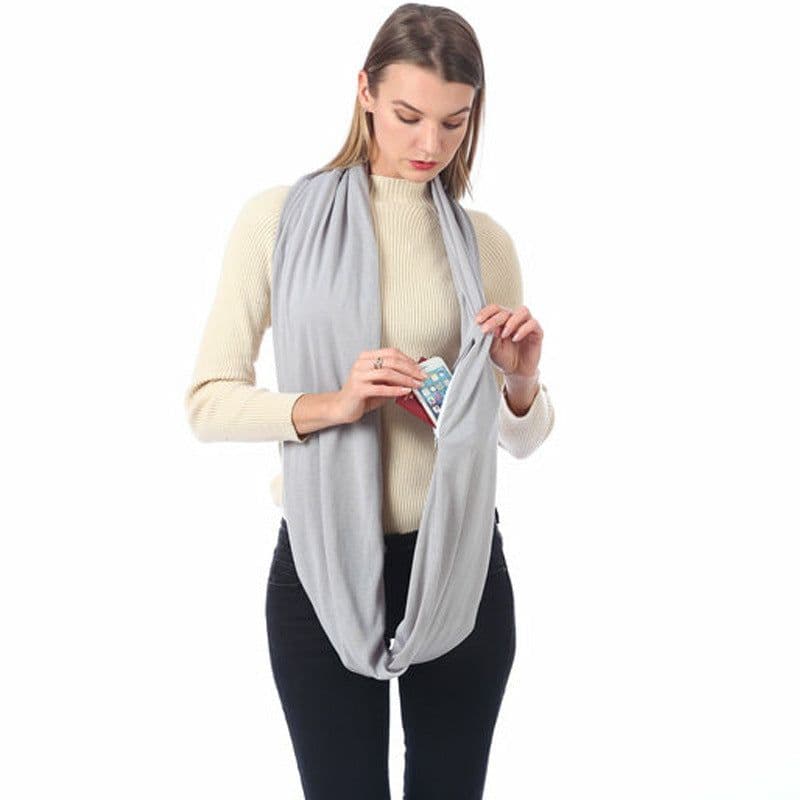 image-Women's Solid Color Print Scarf with Zipper Pocket Bib 25x135cm