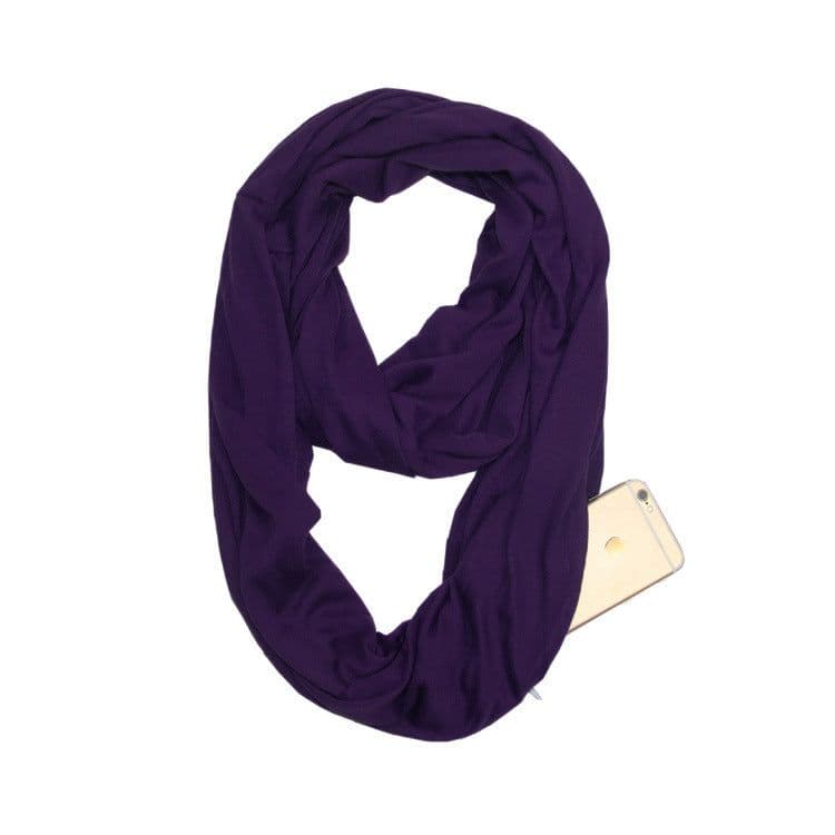 image-Women's Solid Color Print Scarf with Zipper Pocket Bib 25x135cm