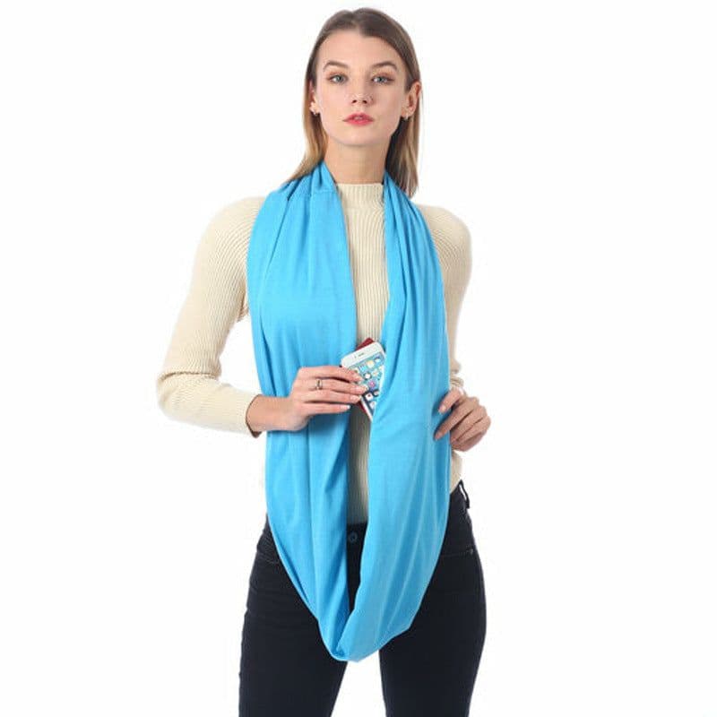 image-Women's Solid Color Print Scarf with Zipper Pocket Bib 25x135cm