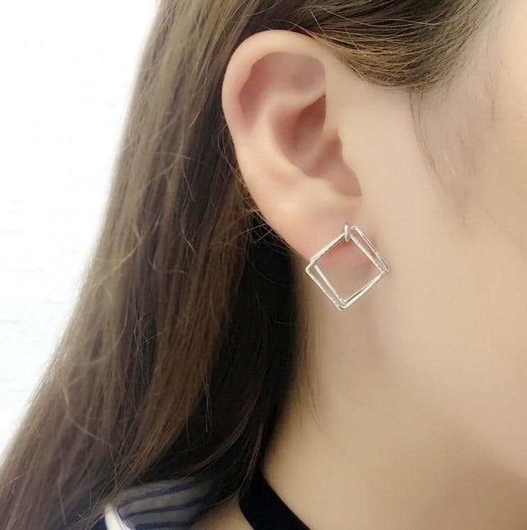image-Dai Angel Geometric Hollow Square Earrings Silver Korean Style