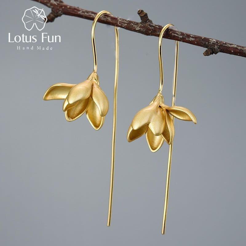 image-Sterling Silver S925 Magnolia Flower Drop Earrings Chinese Style