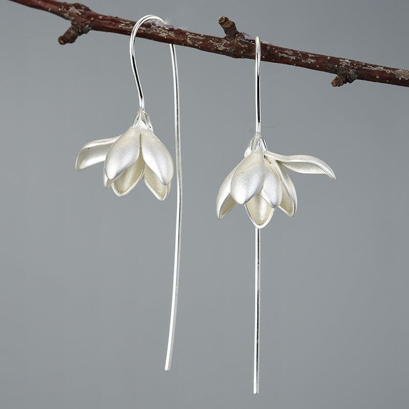 image-Sterling Silver S925 Magnolia Flower Drop Earrings Chinese Style