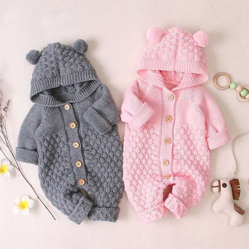 image-Baby Knitted Romper Hooded Sleeveless Jumpsuit Cotton Unisex