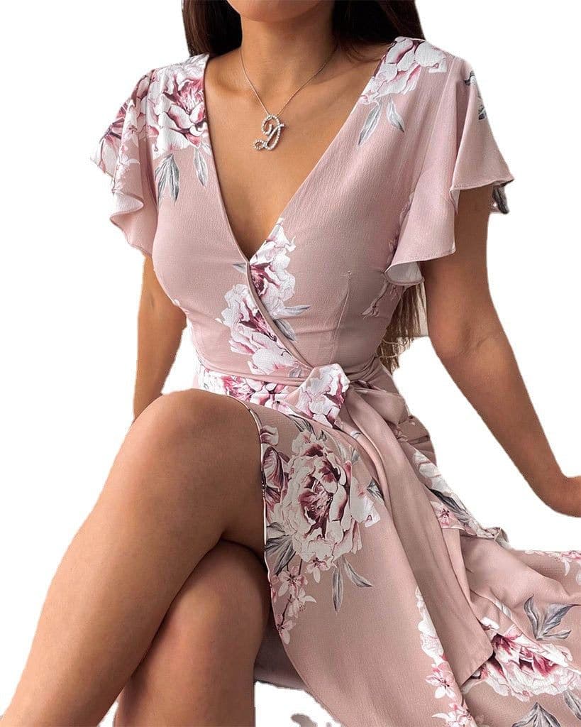 image-Women's V-Neck Short Sleeve Digital Print Irregular Dress
