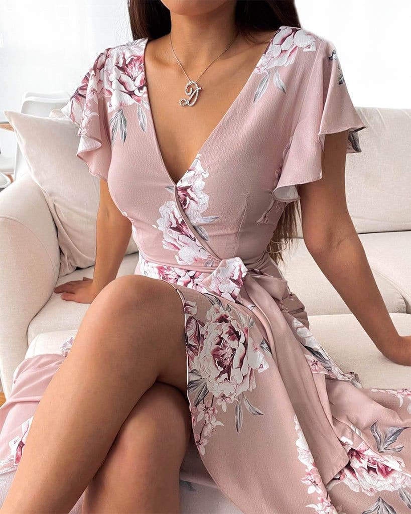 image-Women's V-Neck Short Sleeve Digital Print Irregular Dress