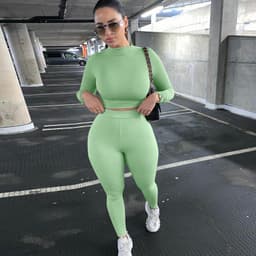 image-Women's Green 2-Piece Tracksuit Long Sleeve Top Pencil Pants Set