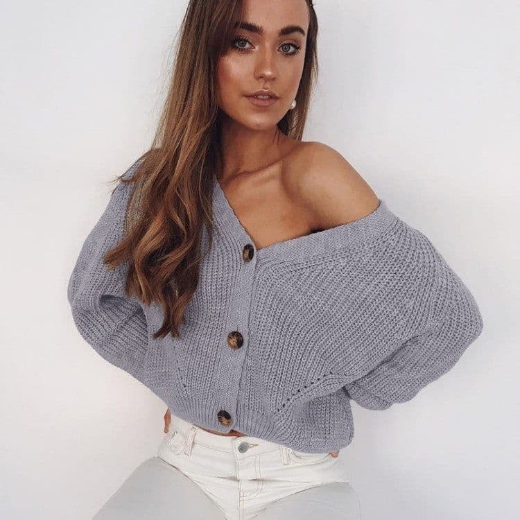 image-Women's Solid Color Knit Cardigan Sweater V-Neck Long Sleeve
