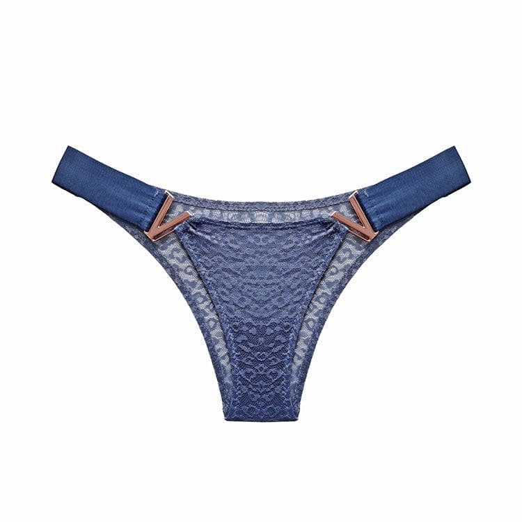 image-Women's Low-Waist Nylon Briefs with V-Ring Metal Buckle & Lace