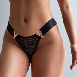 image-Women's Low-Waist Nylon Briefs with V-Ring Metal Buckle & Lace