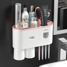 image-Toothbrush Holder 5-Cup Set Suction Cup Wall Mount Pink