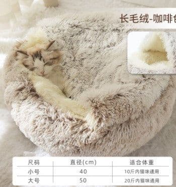 image-Cat Bed Semi-Enclosed Plush Pet Nest 50cm Brown