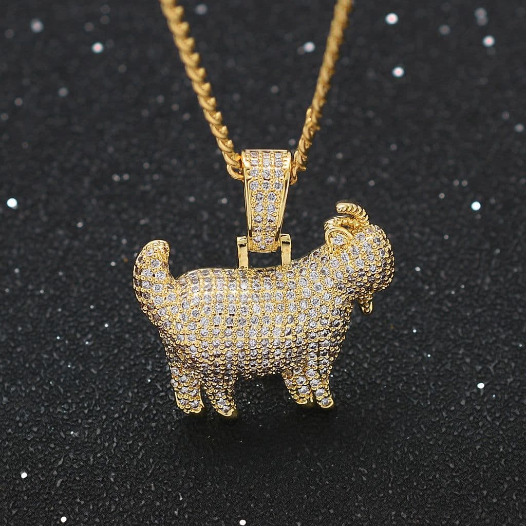 image-Zircon Goat Pendant Hip Hop Necklace with Cuban Chain