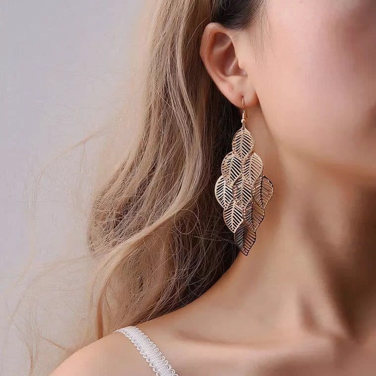 image-Large Leaf Drop Earrings Multilayer Hollow Geometric Metal