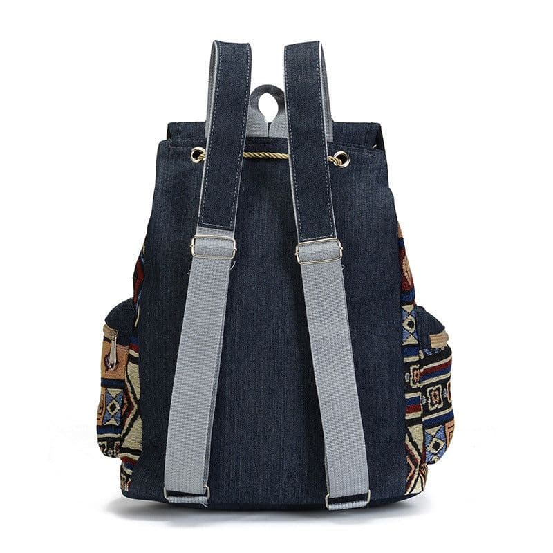 image-Women's Ethnic Style Denim Drawstring Backpack Large Capacity