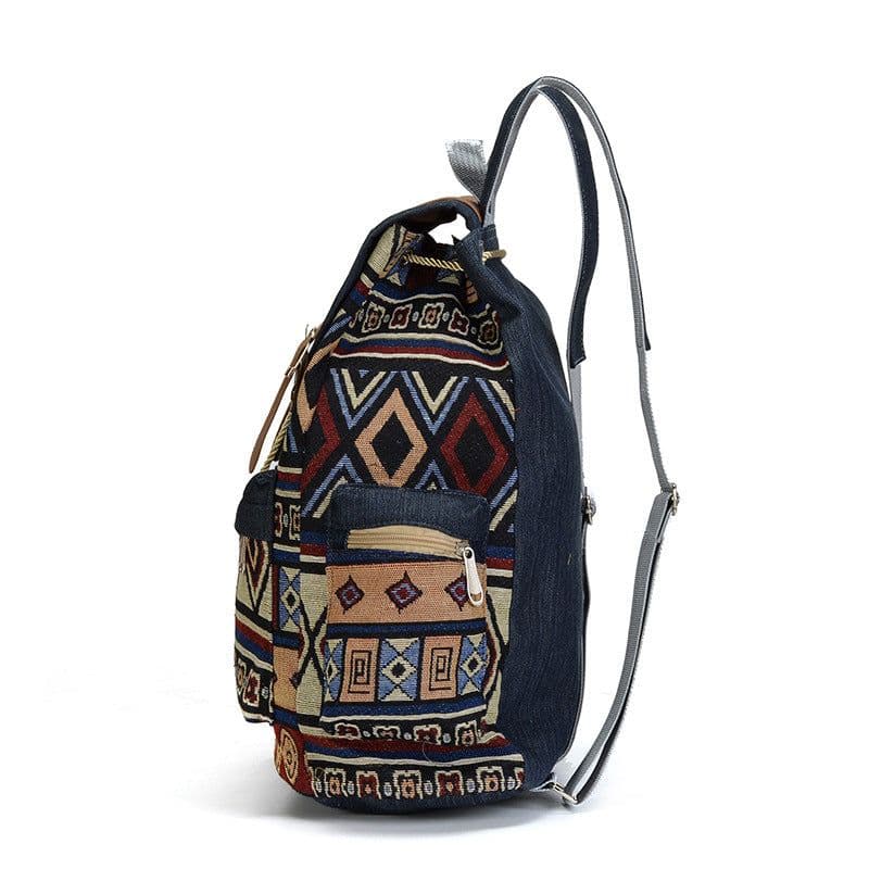 image-Women's Ethnic Style Denim Drawstring Backpack Large Capacity
