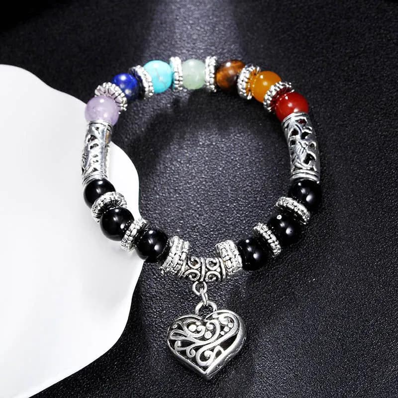 image-8mm Colorful Chakra Yoga Energy Heart Agate Bead Bracelet B1077