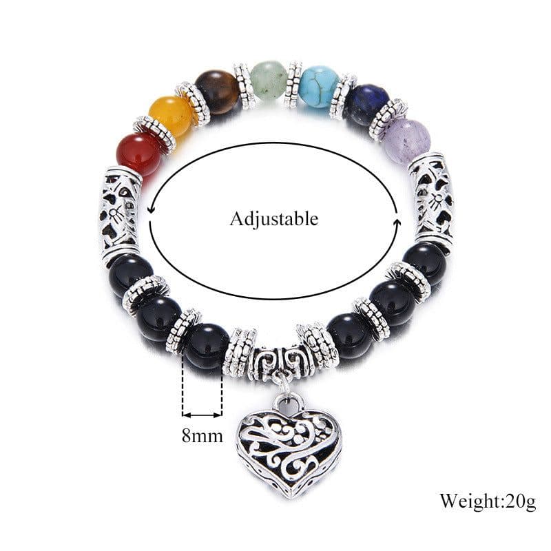 image-8mm Colorful Chakra Yoga Energy Heart Agate Bead Bracelet B1077