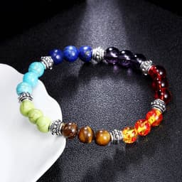 image-8mm Colorful Chakra Yoga Energy Heart Agate Bead Bracelet B1077
