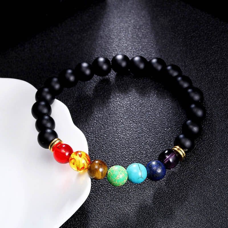 image-8mm Colorful Chakra Yoga Energy Heart Agate Bead Bracelet B1077