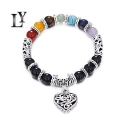 image-8mm Colorful Chakra Yoga Energy Heart Agate Bead Bracelet B1077