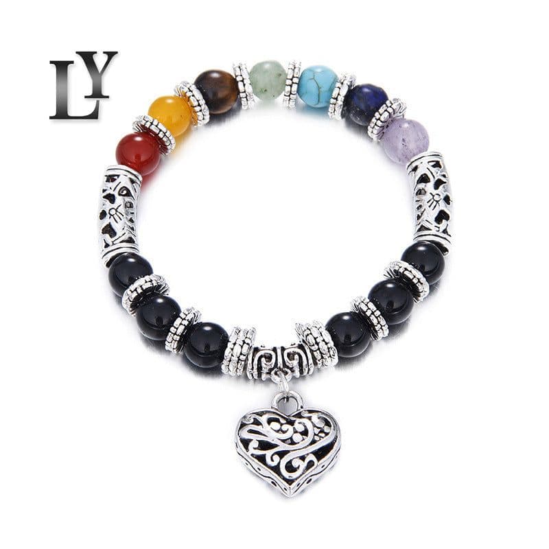 image-8mm Colorful Chakra Yoga Energy Heart Agate Bead Bracelet B1077