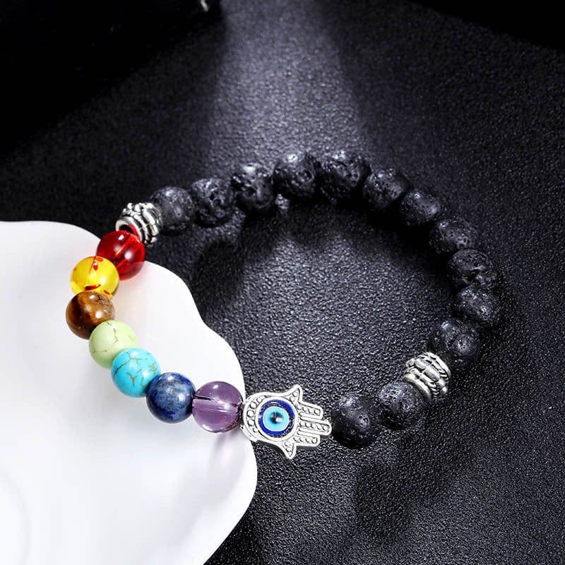 image-8mm Colorful Chakra Yoga Energy Heart Agate Bead Bracelet B1077