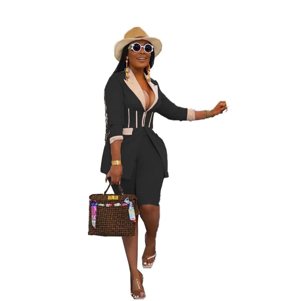 image-Women's Color Block Two-Piece Pants Suit Orange Long Sleeve