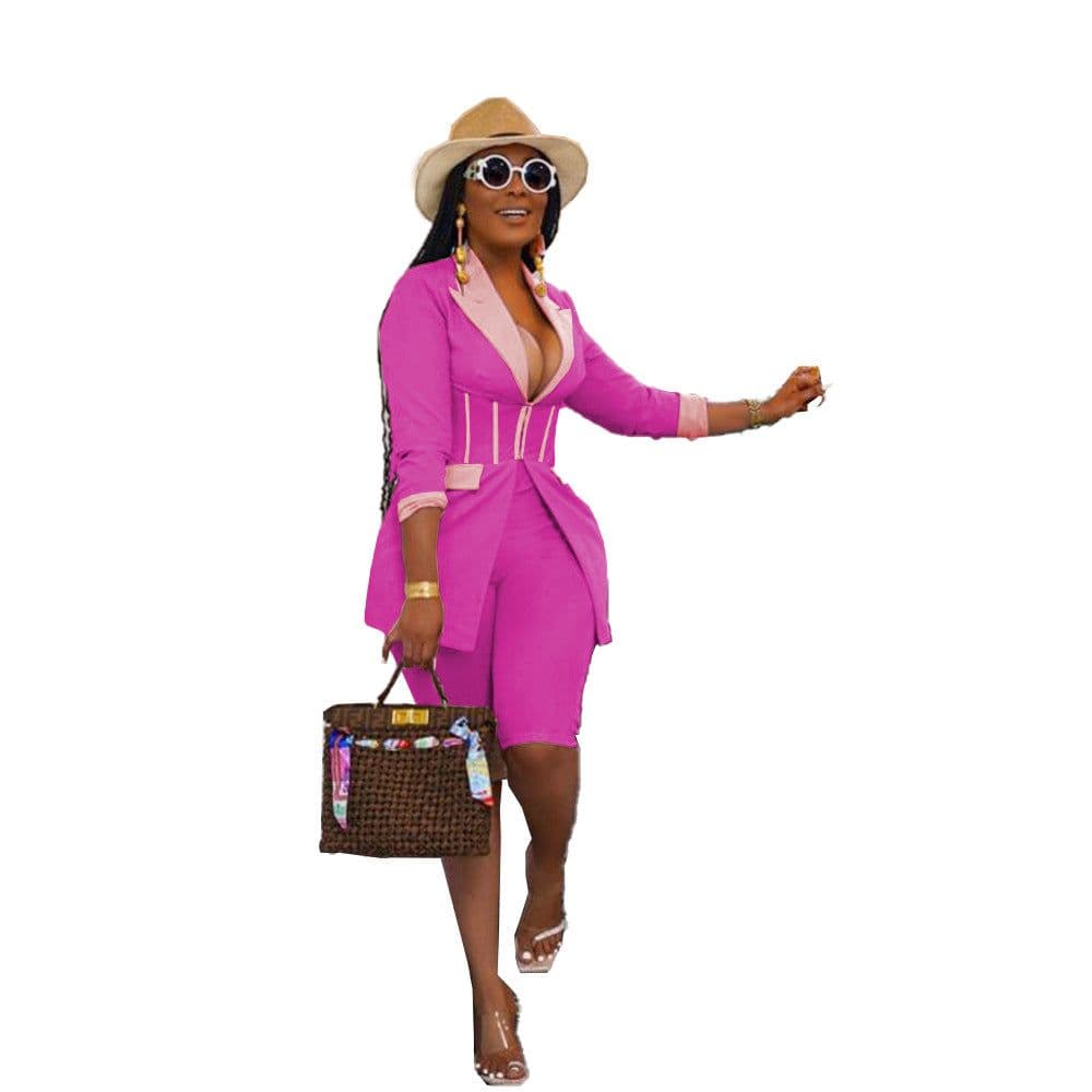 image-Women's Color Block Two-Piece Pants Suit Orange Long Sleeve