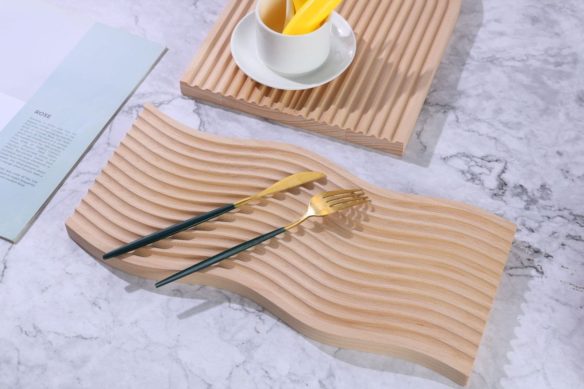 image-Beech Wood Serving Tray Square 10cm Rainbow Water Ripple Pattern