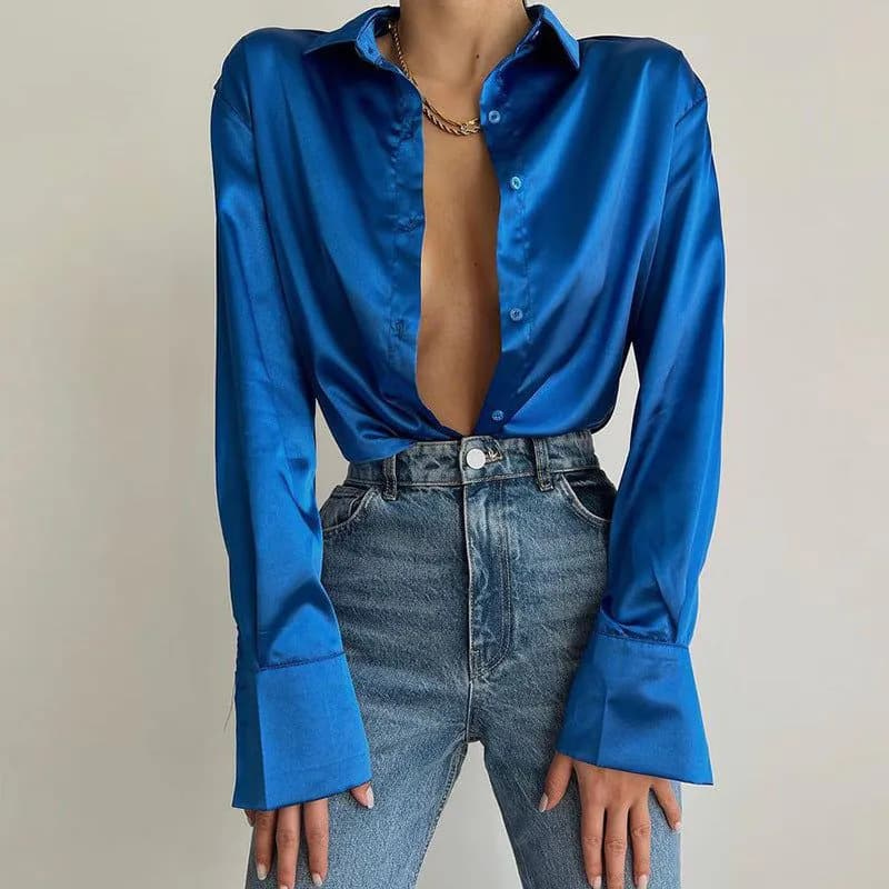 image-Women's Long-Sleeved Satin Shirt Single-Breasted Casual Top
