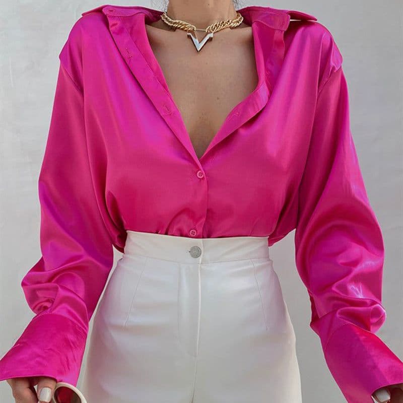 image-Women's Long-Sleeved Satin Shirt Single-Breasted Casual Top