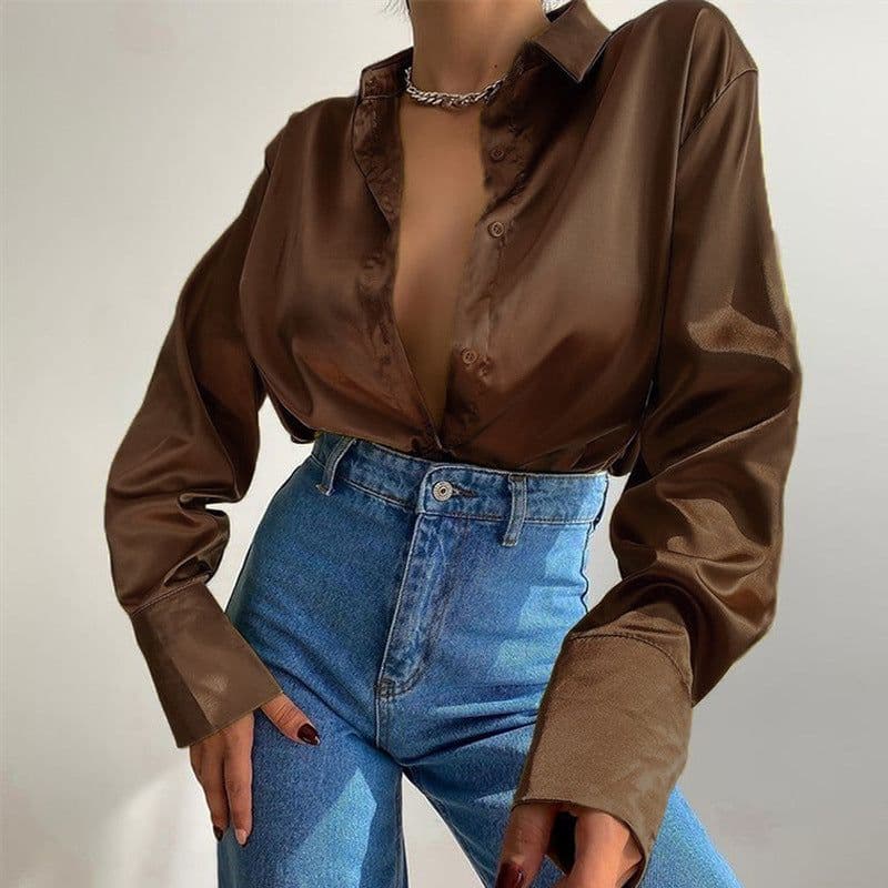 image-Women's Long-Sleeved Satin Shirt Single-Breasted Casual Top