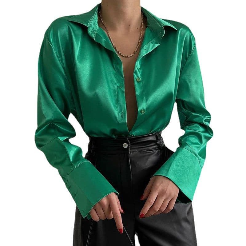 image-Women's Long-Sleeved Satin Shirt Single-Breasted Casual Top