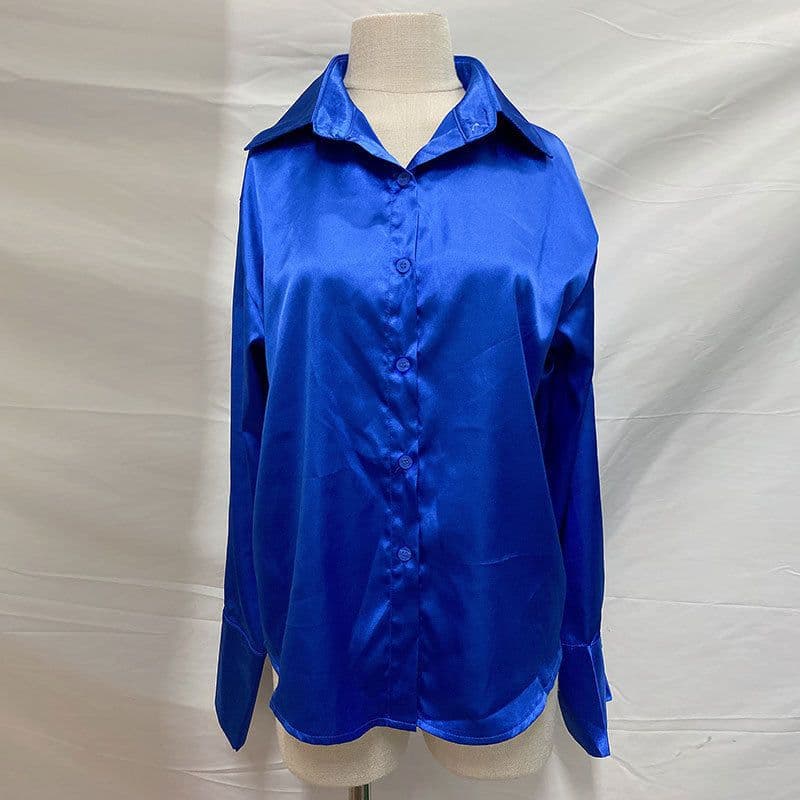 image-Women's Long-Sleeved Satin Shirt Single-Breasted Casual Top