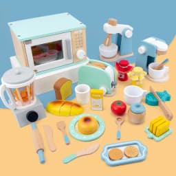 image-Wooden Kitchen Pretend Play Set with Oven Mixer Coffee Maker Toy