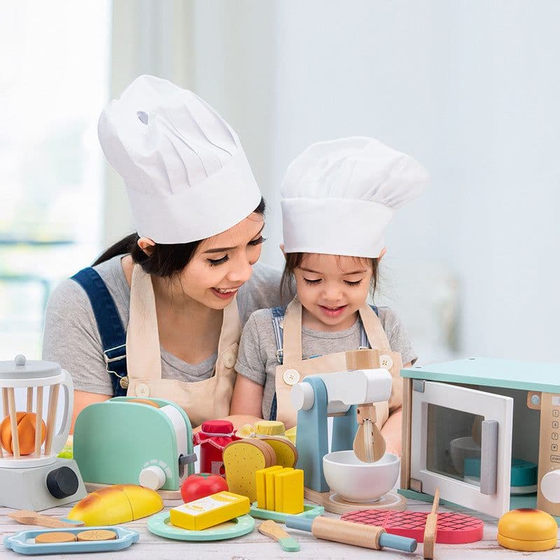 image-Wooden Kitchen Pretend Play Set with Oven Mixer Coffee Maker Toy