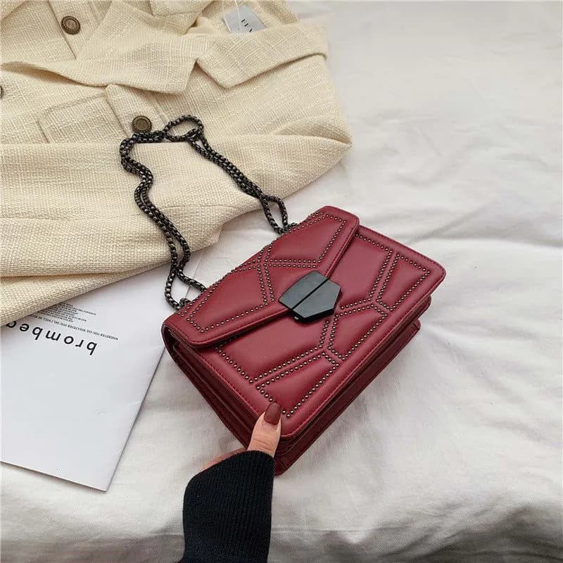 image-Shangxin Small Square Shoulder Bag Chain Strap Rivet Brown PU
