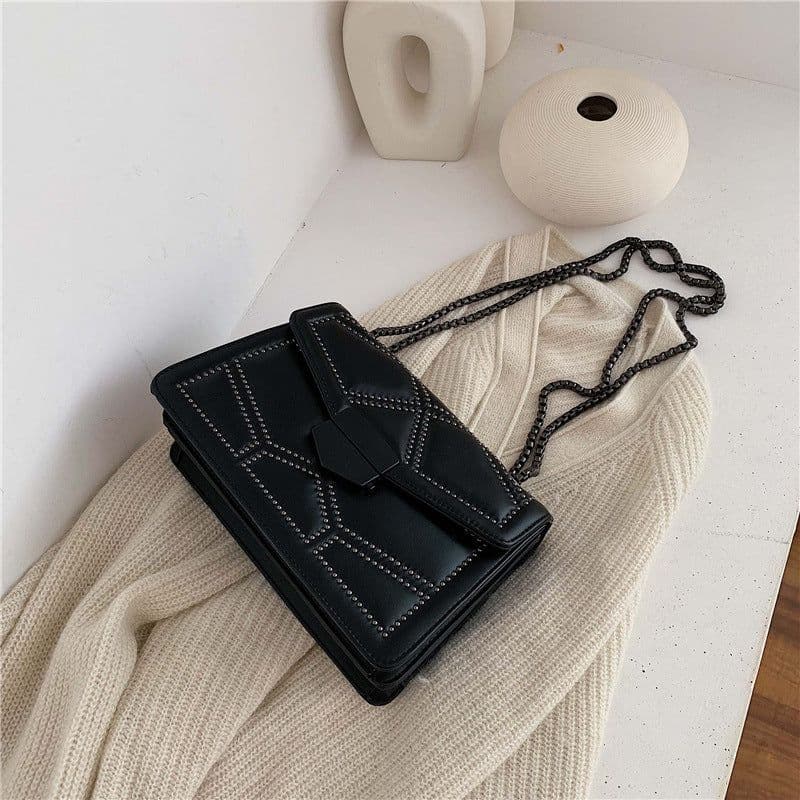 image-Shangxin Small Square Shoulder Bag Chain Strap Rivet Brown PU