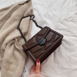 image-Shangxin Small Square Shoulder Bag Chain Strap Rivet Brown PU
