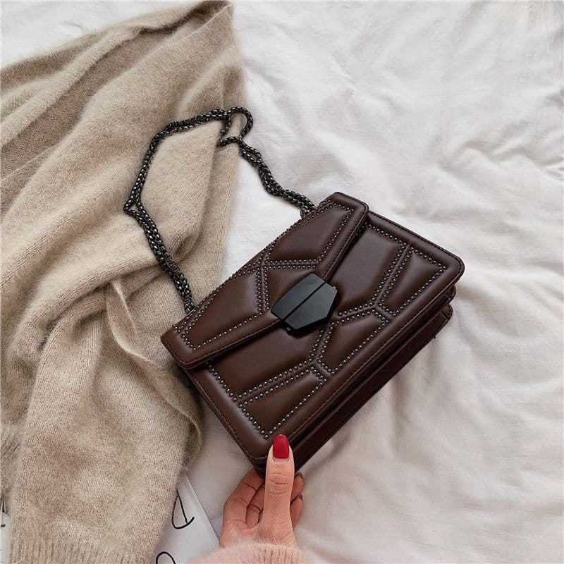 image-Shangxin Small Square Shoulder Bag Chain Strap Rivet Brown PU