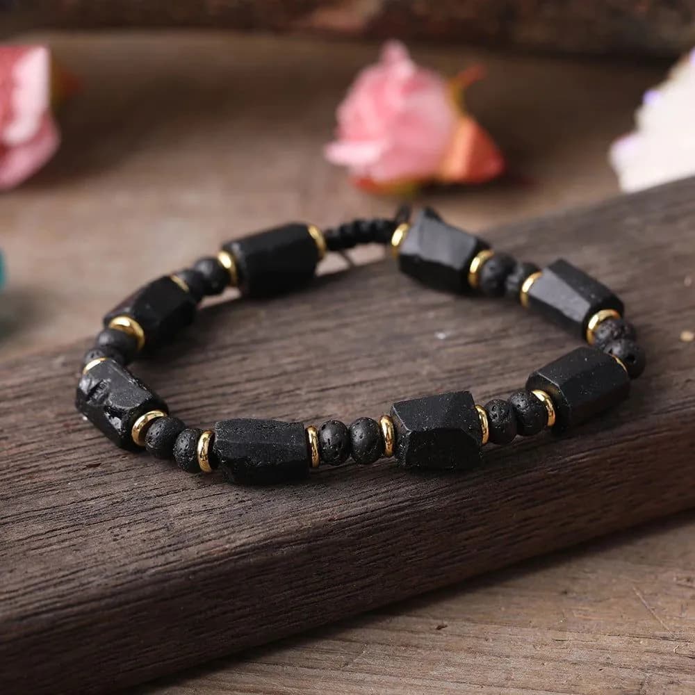 image-Black Tourmaline Beaded Bracelet 7x10MM Woven Geometric Charm