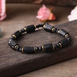 image-Black Tourmaline Beaded Bracelet 7x10MM Woven Geometric Charm