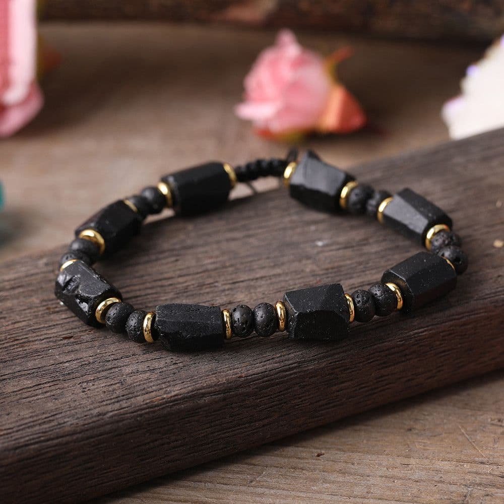 image-Black Tourmaline Beaded Bracelet 7x10MM Woven Geometric Charm