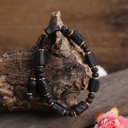 image-Black Tourmaline Beaded Bracelet 7x10MM Woven Geometric Charm